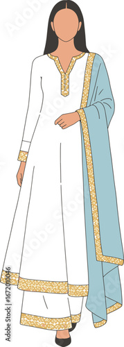 Minimal flat Lahore woman in elegant white anarkali suit with golden border and blue dupatta