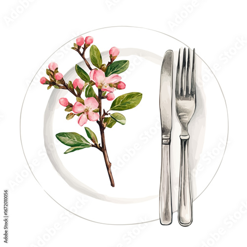 watercolor of Spring Table Setting Decor, vector, isolated on a white background.