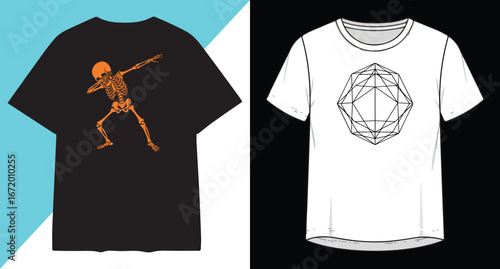Two t shirts displayed side by side one black with a skeleton doing a dab dance and one white with a geometric design