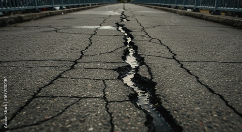 A cracked asphalt surface with water filling the fissures on a bridge extending into the distance