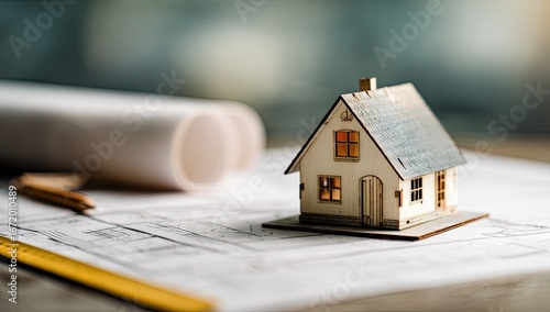 Miniature house model on architectural plans with rolled blueprints and tools