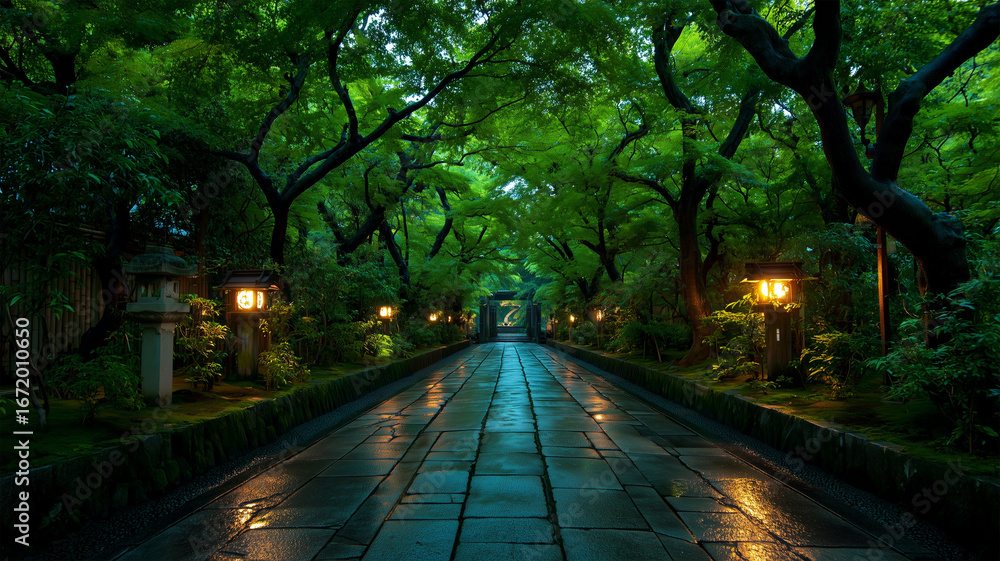Obraz premium 新緑に包まれた参道と灯りの夕景