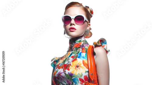 High fashion portrait of a model in a floral print dress with modern accessories, isolated on a Transparent background, PNG file.