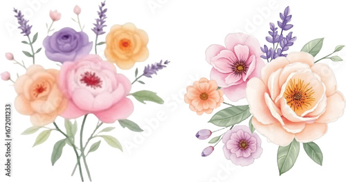 Wallpaper Mural Vector art of two watercolor floral arrangements featuring soft pink, peach, and lavender roses with delicate lavender sprigs, isolated on a Torontodigital.ca