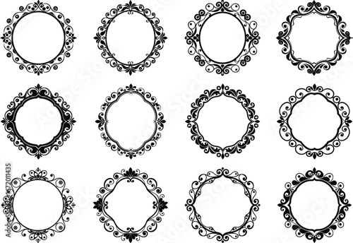 Vector art of set of twelve ornate circular and oval decorative frames and borders
