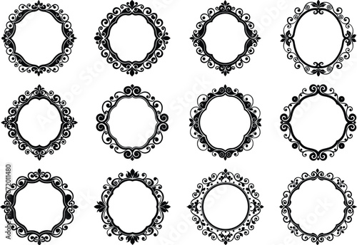 Vector art of collection of twelve ornate circular and oval decorative frames with intricate scrolling patterns