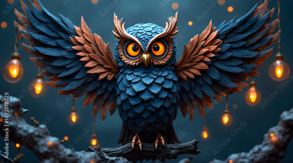 Fototapeta premium Illustration of Owl with Open Wings and Decorative Lights