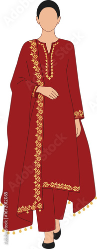 Minimal flat Lahore woman in traditional red shalwar kameez with golden embroidery and dupatta isolated on white background