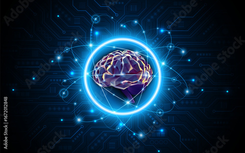 Artificial neural network or artificial intelligence brain with technology circuit board. Digital brain science for future learning. modern technology innovation concept background	