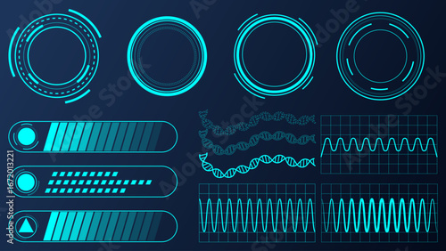 Futuristic neon blue circular HUDs DNA helix and waveform grids. Concept of biotech interfaces, data visualization, genome studies, sci-fi medicine, and AI technology.