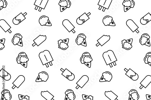 Seamless doodle pattern of ice cream cones and popsicles in black and white, ideal for summer designs, packaging, and playful backgrounds.