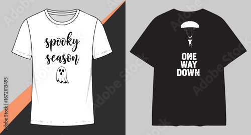 Two t shirts one white with spooky season graphic and one black with one way down graphic