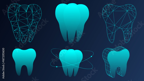 Futuristic holographic teeth icons in neon blue wireframe and 3D style. Concept of dentistry, oral care technology, futuristic health design, biometrics, and medical research.