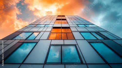 Wallpaper Mural A striking building with large glass windows mirrors the colorful clouds during sunset Torontodigital.ca