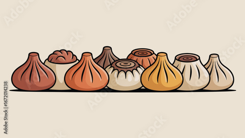 A row of stylized dumplings in various colors and designs on a light beige background illustration art