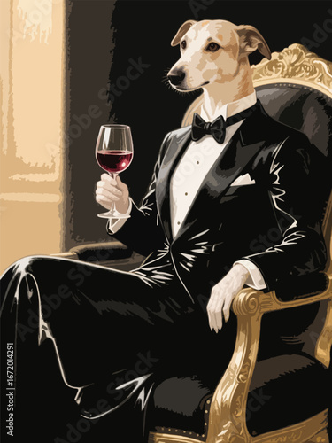 dog in formal costume drinking wine Illustrator Artwork design template poster