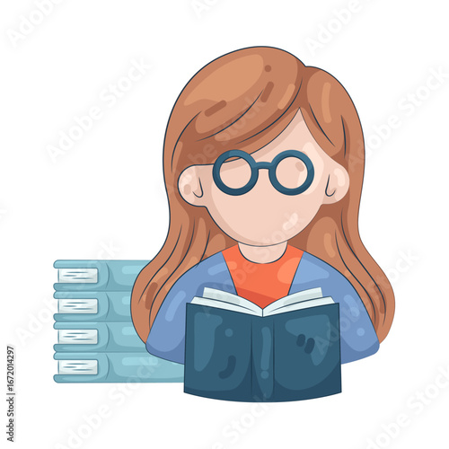 Illustration of librarian reading a book wearing glasses