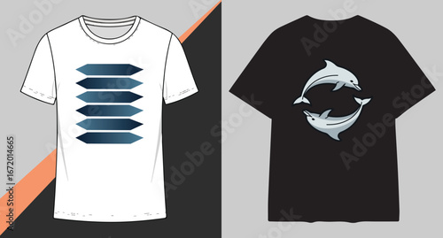 Two t shirts displayed side by side one white with blue arrows and one black with leaping dolphins graphic