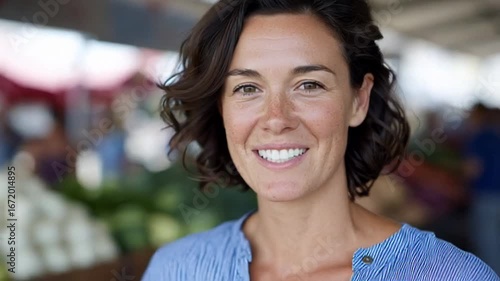 Wallpaper Mural Smiling woman browsing at a farmers market, embracing the joy of fresh produce and community vibes, highlighting the essence of sustainable living and local food culture Torontodigital.ca
