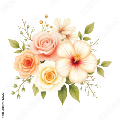 Vector art of a beautiful watercolor floral arrangement featuring delicate peach and cream roses alongside a vibrant hibiscus flower, accented with greenery and small buds