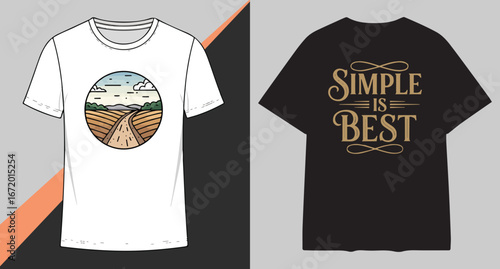 Two t shirts displayed side by side one white with a landscape graphic and one black with inspirational text