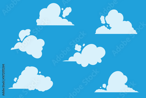 Flat vector set of cartoon white clouds in a clear blue sky. Simple and minimal design, perfect for use as background, weather icons, clipart, or decorative graphic elements in creative projects.