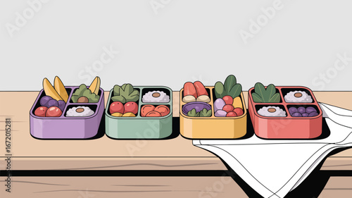 Four colorful bento boxes filled with fruits rice and vegetables on a wooden table with a white cloth