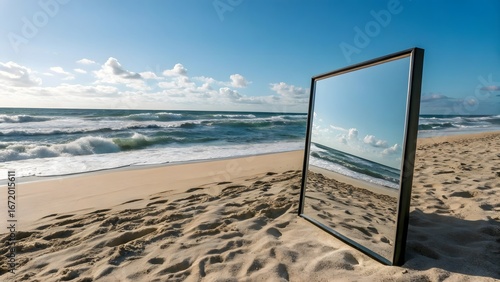 Fototapeta Naklejka Na Ścianę i Meble -  A large mirror on the sands of a beach