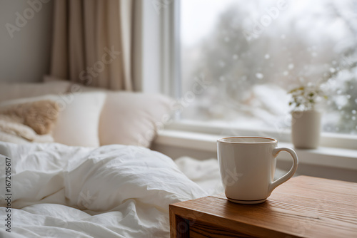 Steaming white mug on a wooden nightstand next to a cozy bed, with soft pillows and falling snow outside, promoting winter comfort and relaxation