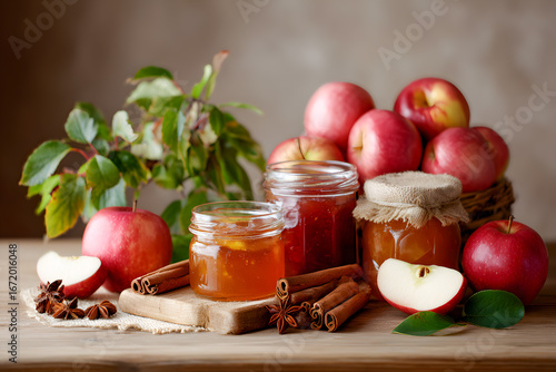 Homemade apple jam jars, fresh red apples, aromatic cinnamon sticks, star anise, reflecting autumn harvest, natural sweet healthy food and cozy home