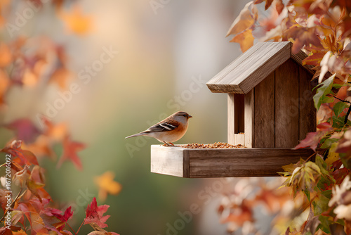 Small wild bird rests on a wooden bird feeder, eating seeds among vibrant autumn leaves, symbolizing nature's beauty and seasonal changes