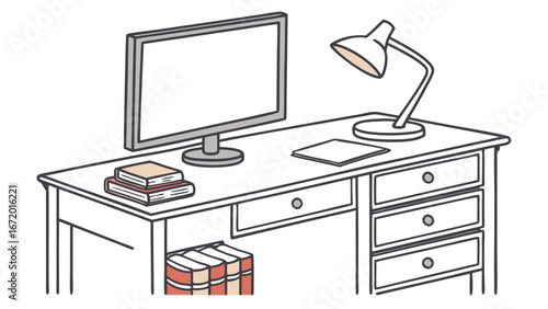 Education setup with simple desk with stacked books and flat-screen display above. Clarity and functionality for learning purposes
