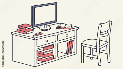 Education setup with simple desk with stacked books and flat-screen display above. Clarity and functionality for learning purposes