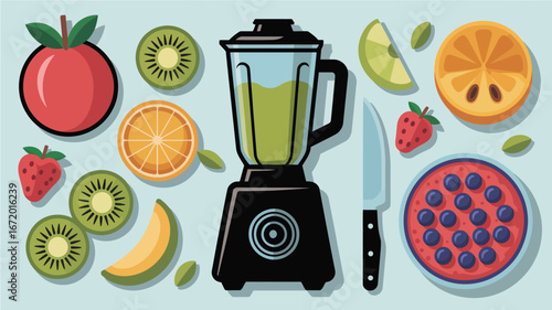 A blender surrounded by various sliced fruits including kiwi orange strawberry and blueberries nearby