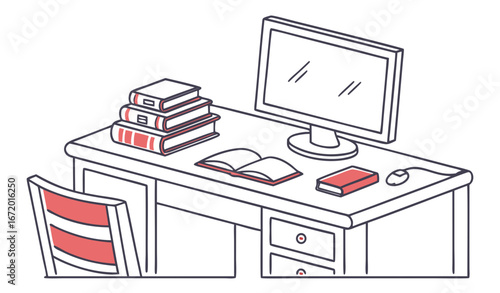 Education setup with simple desk with stacked books and flat-screen display above. Clarity and functionality for learning purposes