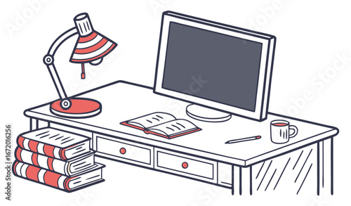 Education setup with simple desk with stacked books and flat-screen display above. Clarity and functionality for learning purposes