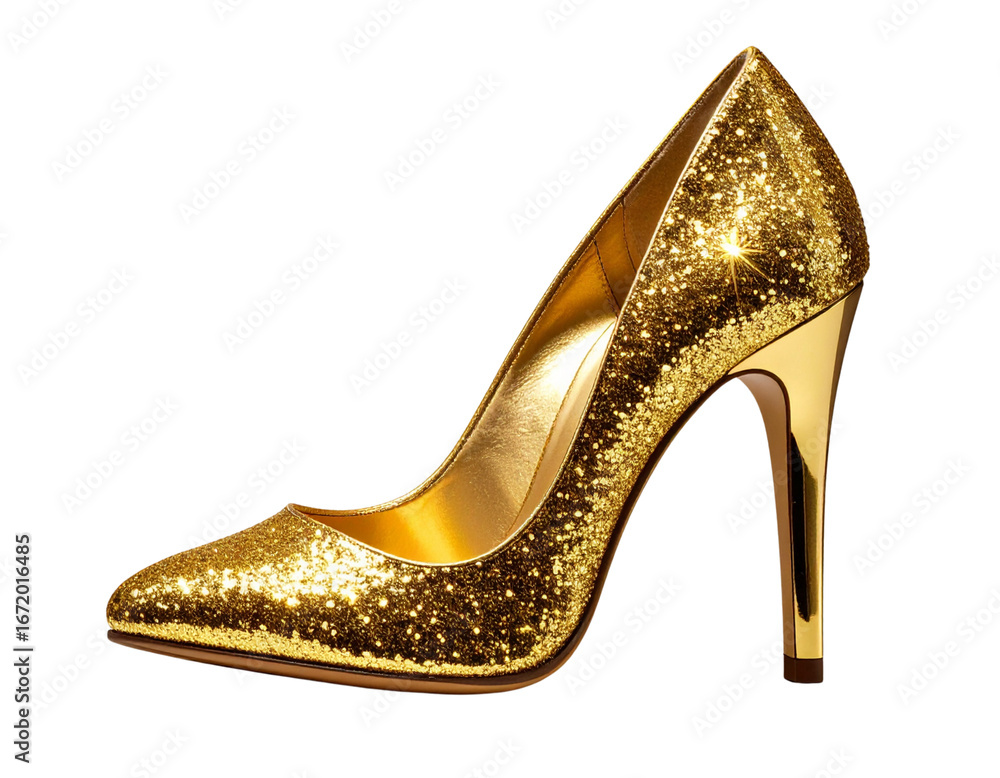 Obraz premium Angled Gold Glitter Stiletto with Reflective Sole, Isolated