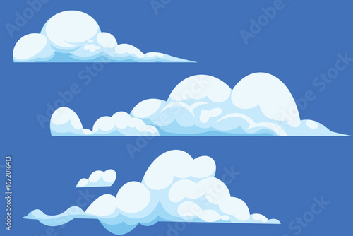 Flat vector set of cartoon white clouds in a clear blue sky. Simple and minimal design, perfect for use as background, weather icons, clipart, or decorative graphic elements in creative projects.