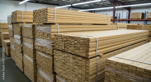 Inside a large warehouse, stacks of bundled lumber are neatly arranged. The bundles are secured and ready for transport or use.  The ceiling is high