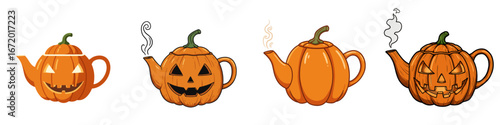 Various cartoon pumpkin teapots with Halloween themes  