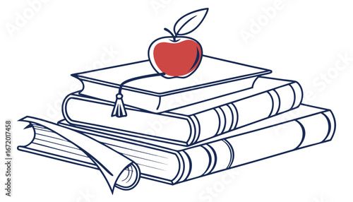 Simple line illustration of stack of books topped with apple, symbolizing learning and education. This design can be used for educational materials or websites