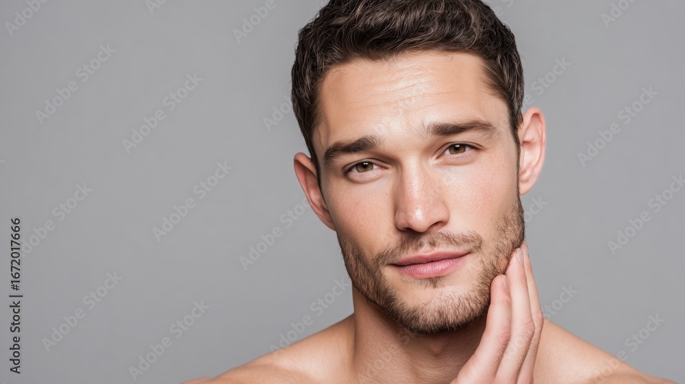 Naklejka premium Male cosmetologist demonstrating skincare techniques in a studio setting