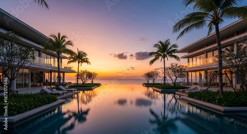 Luxury resort infinity pool at sunset with palm trees and ocean view