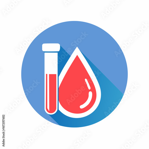 Flat vector icon of a test tube and blood drop for medical diagnostics and laboratory analysis