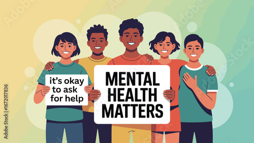 Illustration of five diverse people holding mental health signs with smiling faces, promoting awareness, support, and emotional well-being