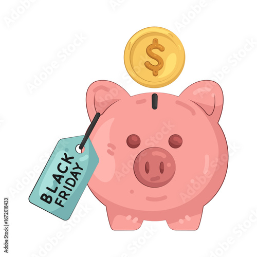 Illustration of piggy bank with black friday tag