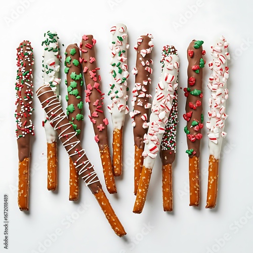 chocolate covered pretzel sticks with holiday toppings, isolated on white background