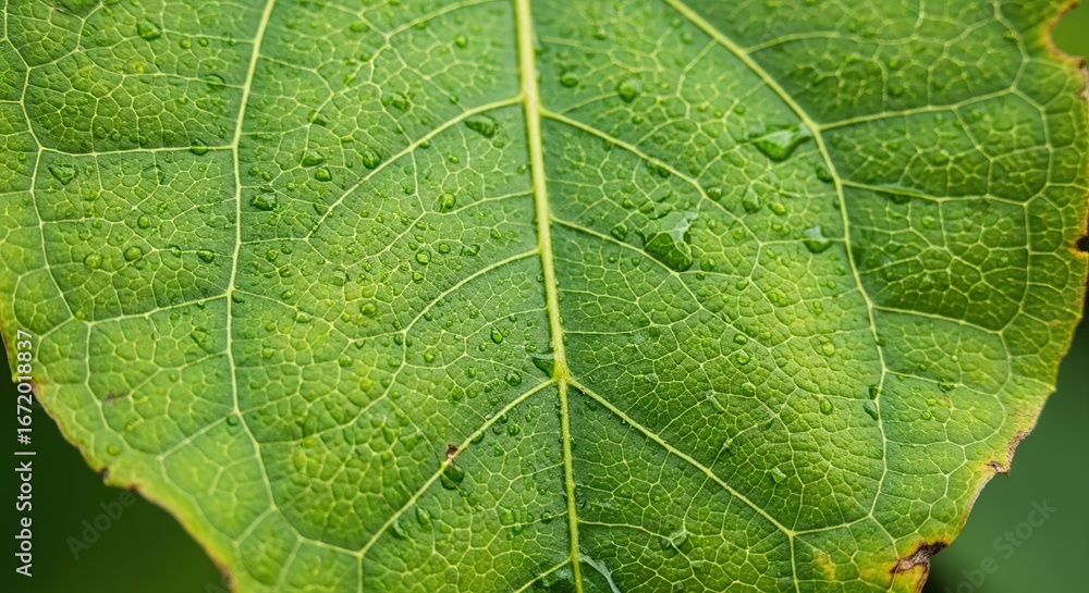 Fototapeta premium Dew-Kissed Leaf: A Macro View of Green Veins and Water Droplets