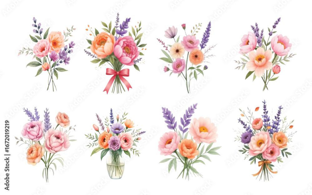 Obraz premium Vector art of a collection of eight beautiful watercolor floral bouquets featuring a variety of delicate flowers and greenery, isolated on a