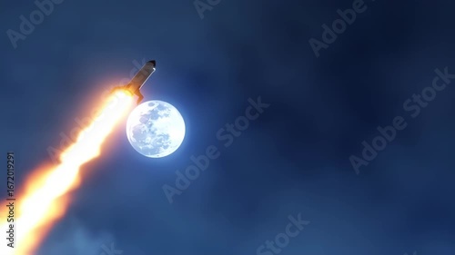 Rocket launching at night towards a moonlit sky